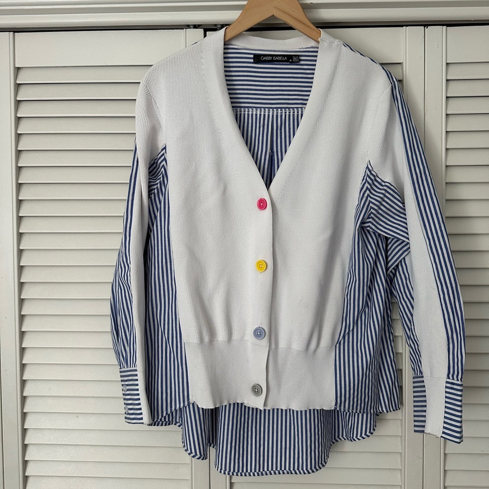 Gabby Isabella White and Blue Stripped Cardigan with Multicolor Buttons EUC